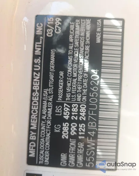 2015 Mercedes-Benz C 300 z USA, uszkodzony, nr VIN 55SWF4JB7FU056204